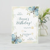 ライトブルーバタフライウォーターカラー誕生日 招待状 (スタンド正面)