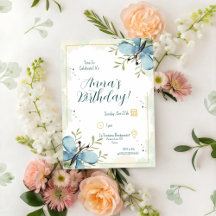 ライトブルーバタフライウォーターカラー誕生日