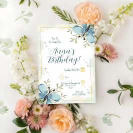 ライトブルーバタフライウォーターカラー誕生日 招待状