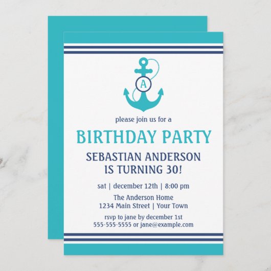 ライトブルーバースデ航海のーパーティー招待状 招待状 (正面/裏面)