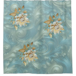 ライトブルーパレットオンザブロンズ金ゴールドBarogueデザイン シャワーカーテン