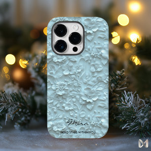 ライトブルーパーソナライズされた刺繍フローラ&引用文 Case-Mate iPhone 14 PROケース