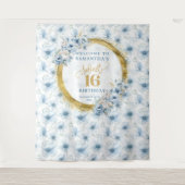 ライトブルーパーソナライズされたSweet sixteen金ゴールドグリッター タペストリー (正面)