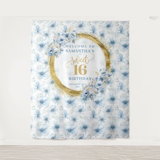 ライトブルーパーソナライズされたSweet sixteen金ゴールドグリッター タペストリー (正面)