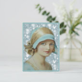 ライトブルービクトリアンハット&ドレスを着た女性 ポストカード (スタンド正面)