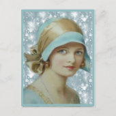 ライトブルービクトリアンハット&ドレスを着た女性 ポストカード (正面)
