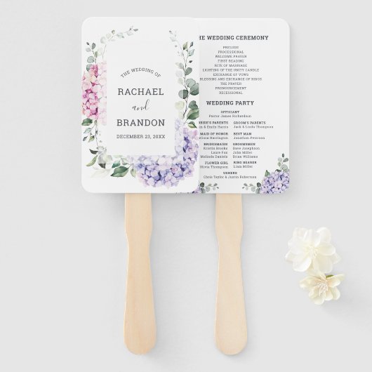 ライトブルーピンクアジサイとユーカリ結婚プス ハンドファン (正面&裏面)