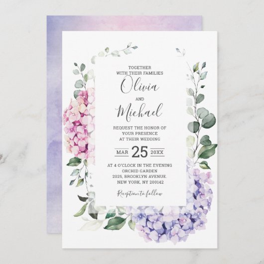 ライトブルーピンクアジサイとユーカリ結婚プス 招待状 (正面/裏面)