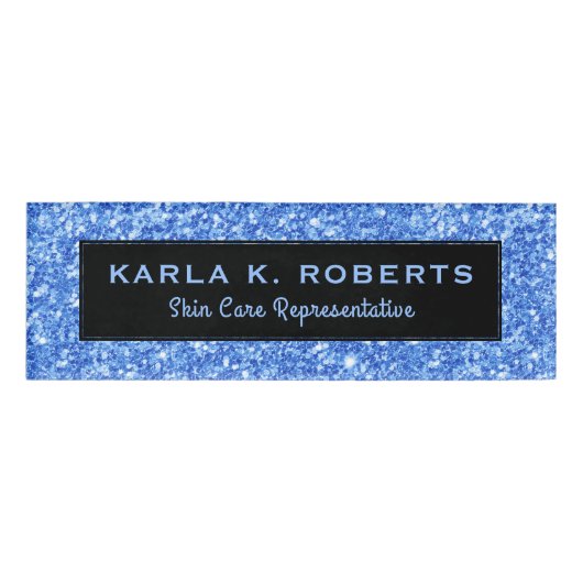 ライトブルーフェイクグリッターとブラック文字の背景 名札 (正面)
