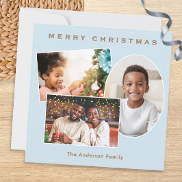 ライトブルーフェイク金ゴールド3フォトギャラリークリスマス シーズンカード