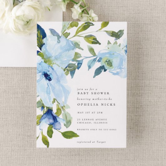ライトブルーフラワーガーデンボーイベビーシャワー 招待状