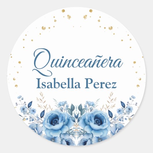 ライトブルーフローラと金ゴールドグリッターキンセアニェラ ラウンドシール (正面)