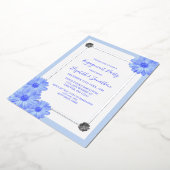 ライトブルーフローラエレガント婚約パーティ 箔招待状 (回転した状態)