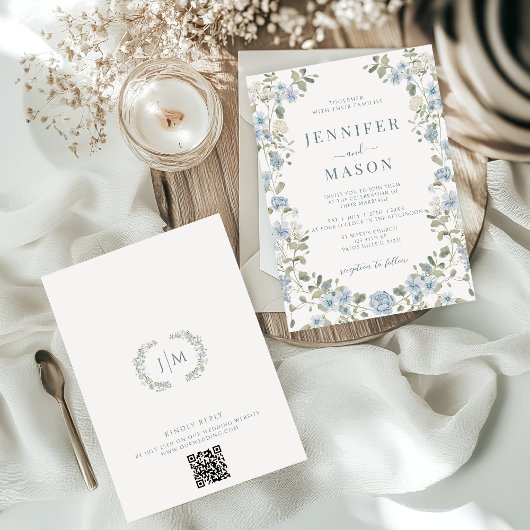 ライトブルーフローラグリーンリース庭園の結婚式 招待状