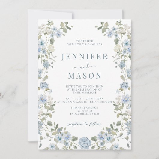 ライトブルーフローラグリーンリース庭園の結婚式 招待状 (正面)