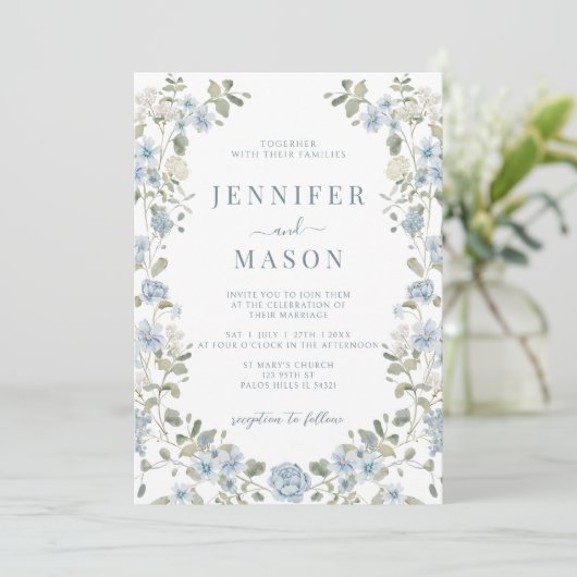 ライトブルーフローラグリーンリース庭園の結婚式 招待状 (スタンド正面)