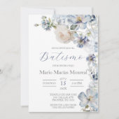 ライトブルーフローラバプテスマスペインの招待状 招待状 (正面)