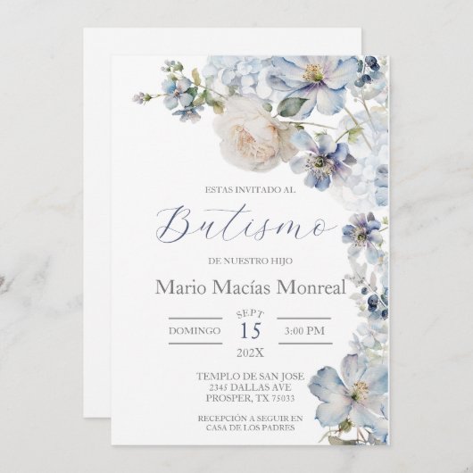 ライトブルーフローラバプテスマスペインの招待状 招待状 (正面/裏面)
