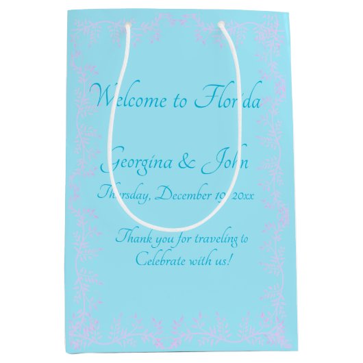 ライトブルーフローラパーソナライズされたパーティー優先バッグ ミディアムペーパーバッグ (正面)