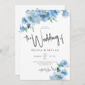 ライトブルーフローラQRコードRSVPすべて結婚の 招待状 (正面/裏面)