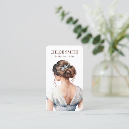 ライトブルーブラウンブライドブライダルヘアスタイリスト結婚ズ 名刺 (スタンド正面)
