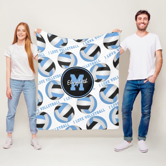 ライトブルーブラック私はバレーボールの文字パターン大好き フリースブランケット (インサイチュ)