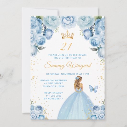 ライトブルーブロンドヘアプリンセス誕生日パーティー 招待状 (正面)