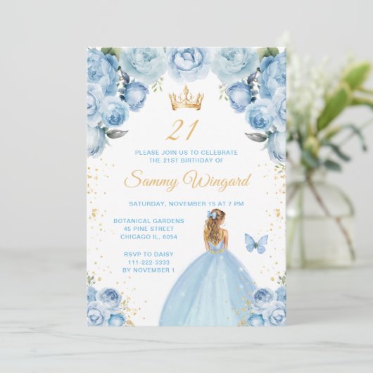 ライトブルーブロンドヘアプリンセス誕生日パーティー 招待状 (スタンド正面)