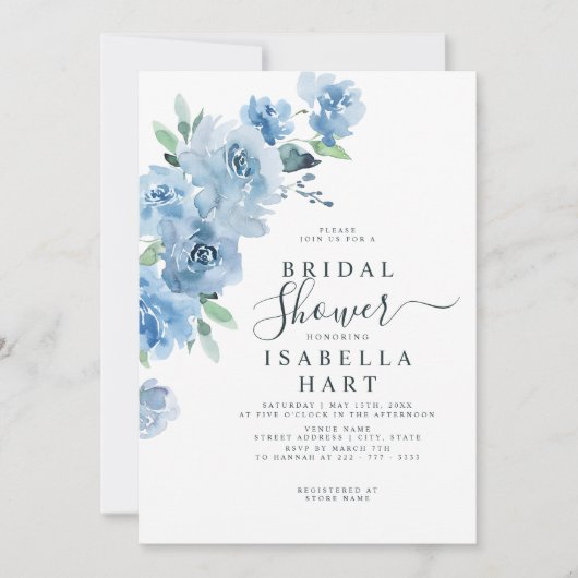ライトブルーベビーブルーエレガントフローラブライダルシャワー 招待状 (正面)