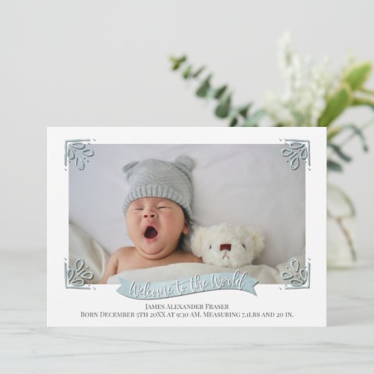 ライトブルーベビー写真誕生のお知らせ 案内状 (スタンド正面)