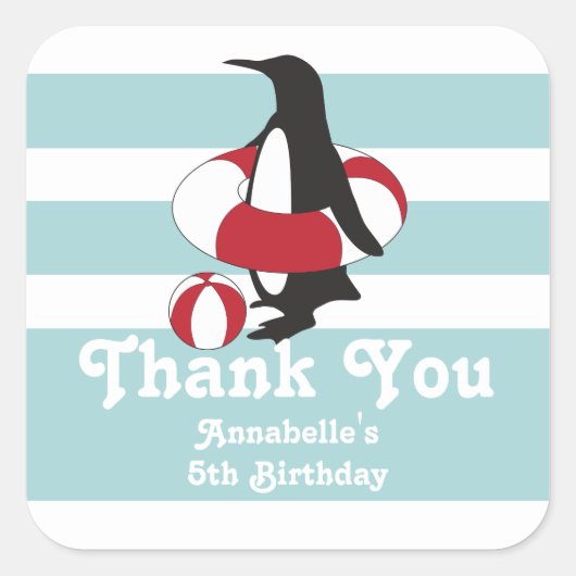 ライトブルーペンギンサンキュー子供の誕生日パーティー スクエアシール (正面)