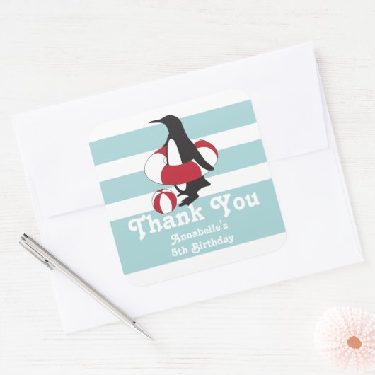 ライトブルーペンギンサンキュー子供の誕生日パーティー スクエアシール (封筒)