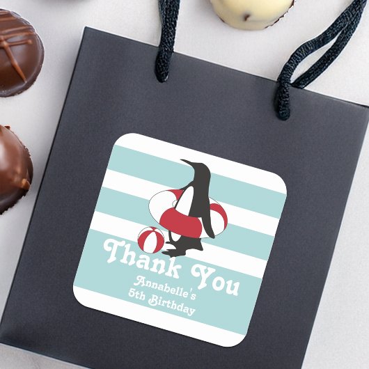 ライトブルーペンギンサンキュー子供の誕生日パーティー スクエアシール