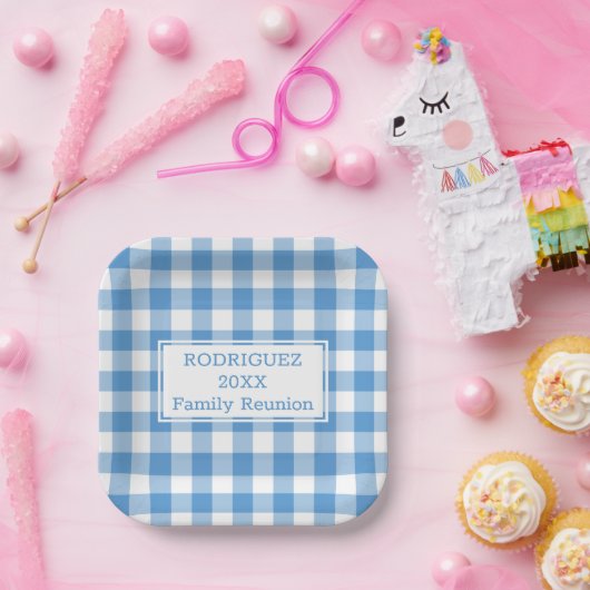 ライトブルーホワイトバッファローチェックファミリー懇親会 ペーパープレート (パーティー)
