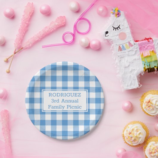 ライトブルーホワイトバッファローチェック名ファミリーピクニック ペーパープレート (パーティー)