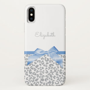 ライトブルーボウ(トレンディーレオパード印刷と名前付き) iPhone X ケース