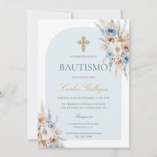 ライトブルーボーホフローラルバプテスマ 招待状 (正面)