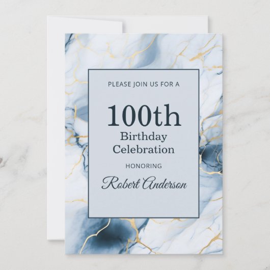 ライトブルーマーブル 100歳の誕生日 招待状 (正面)