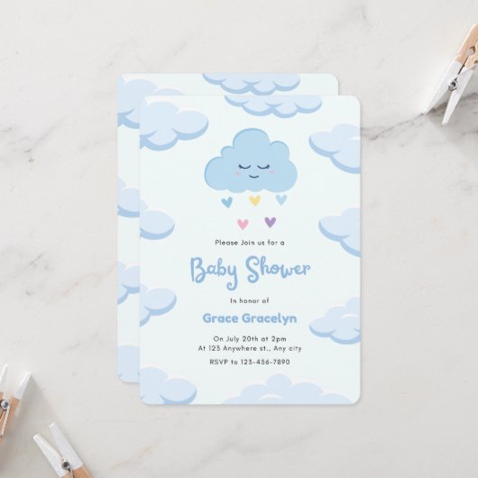 ライトブルーミニマリストベビーシャワー招待状 招待状 (正面/裏面インサイチュ)