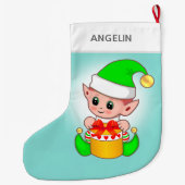 ライトブルーモダンの可愛いクリスマス小妖精や小人 ラージクリスマスストッキング (裏面)