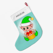 ライトブルーモダンの可愛いクリスマス小妖精や小人 ラージクリスマスストッキング (裏面 (吊り時))