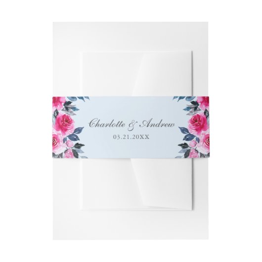 ライトブルーモダンウォーターカラーピンクローズ結婚ズ 招待状ベリーバンド (正面例)