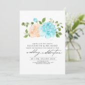 ライトブルーモダンピーチフローラブーケ結婚ス 招待状 (スタンド正面)