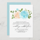 ライトブルーモダンピーチフローラブーケ結婚ス 招待状 (正面/裏面)