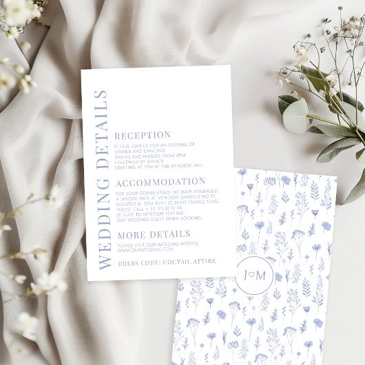 ライトブルーモダンフローラの結婚詳細カード エンクロージャーカード