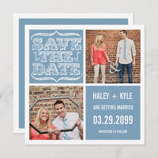 ライトブルーモダン日付正方形のフォトカードを保存 招待状 (正面/裏面)