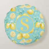 ライトブルーモノグラムにかわいいイエローレモンパターン ラウンドクッション (裏面)