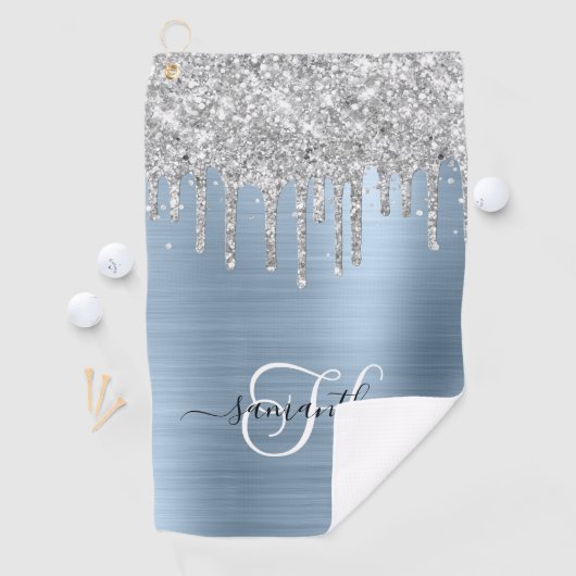 ライトブルーモノグラムのとシルバーの滴下グリッター ゴルフタオル (インサイチュ)