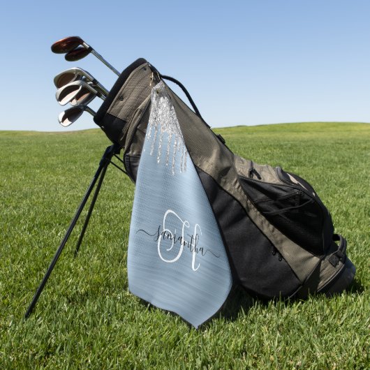 ライトブルーモノグラムのとシルバーの滴下グリッター ゴルフタオル (グリーン)