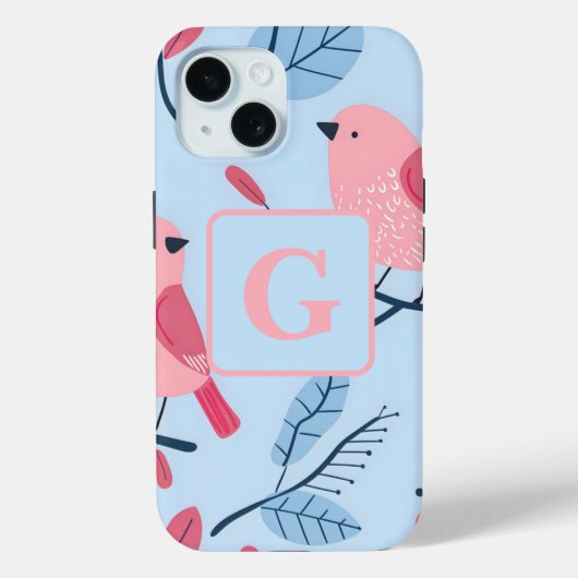 ライトブルーモノグラムの可愛いピンクパーソナライズされたの鳥 Case-Mate iPhoneケース (裏面)